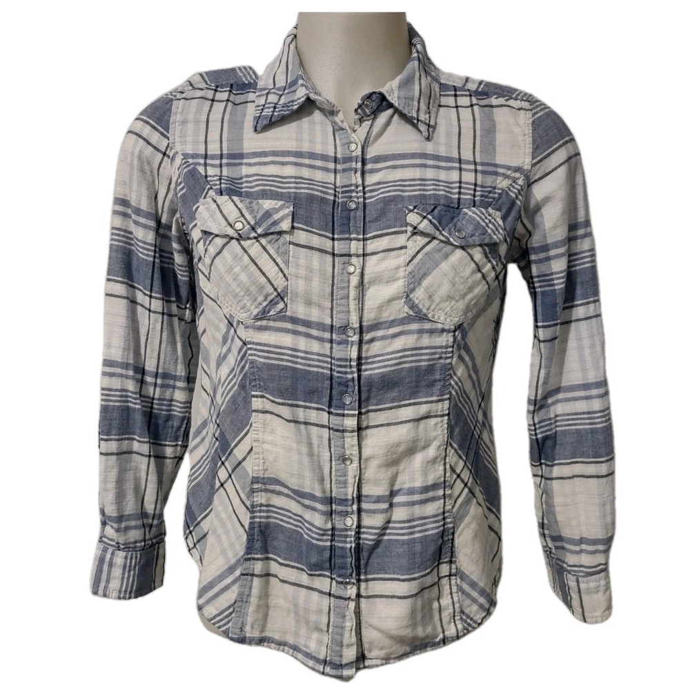 Style & Co Shirt Women's Size Large Blue White Plaid Pearl Snap Long Sleeve Top